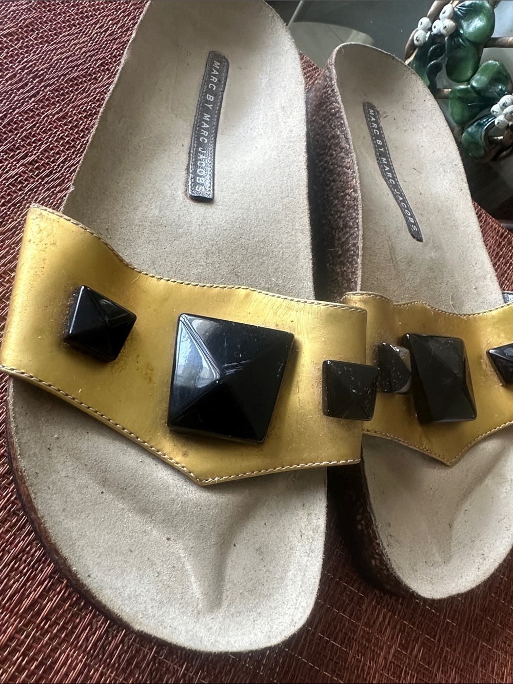 Marc by Marc Jacobs Gold Slide Sandals with Black Pyramid Studs